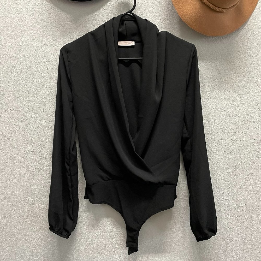 Black Long Sleeve Surplice Bodysuit